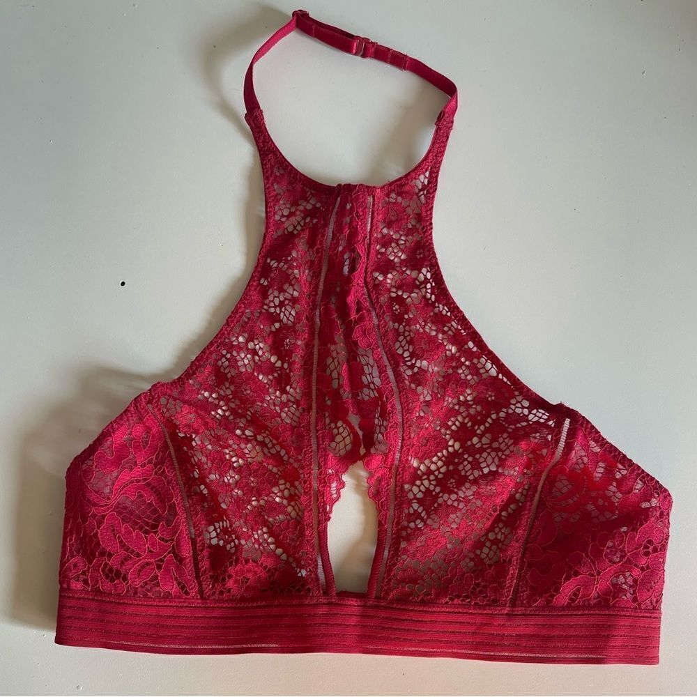 Victoria’s Secret red lace cut-out halter style bralette.